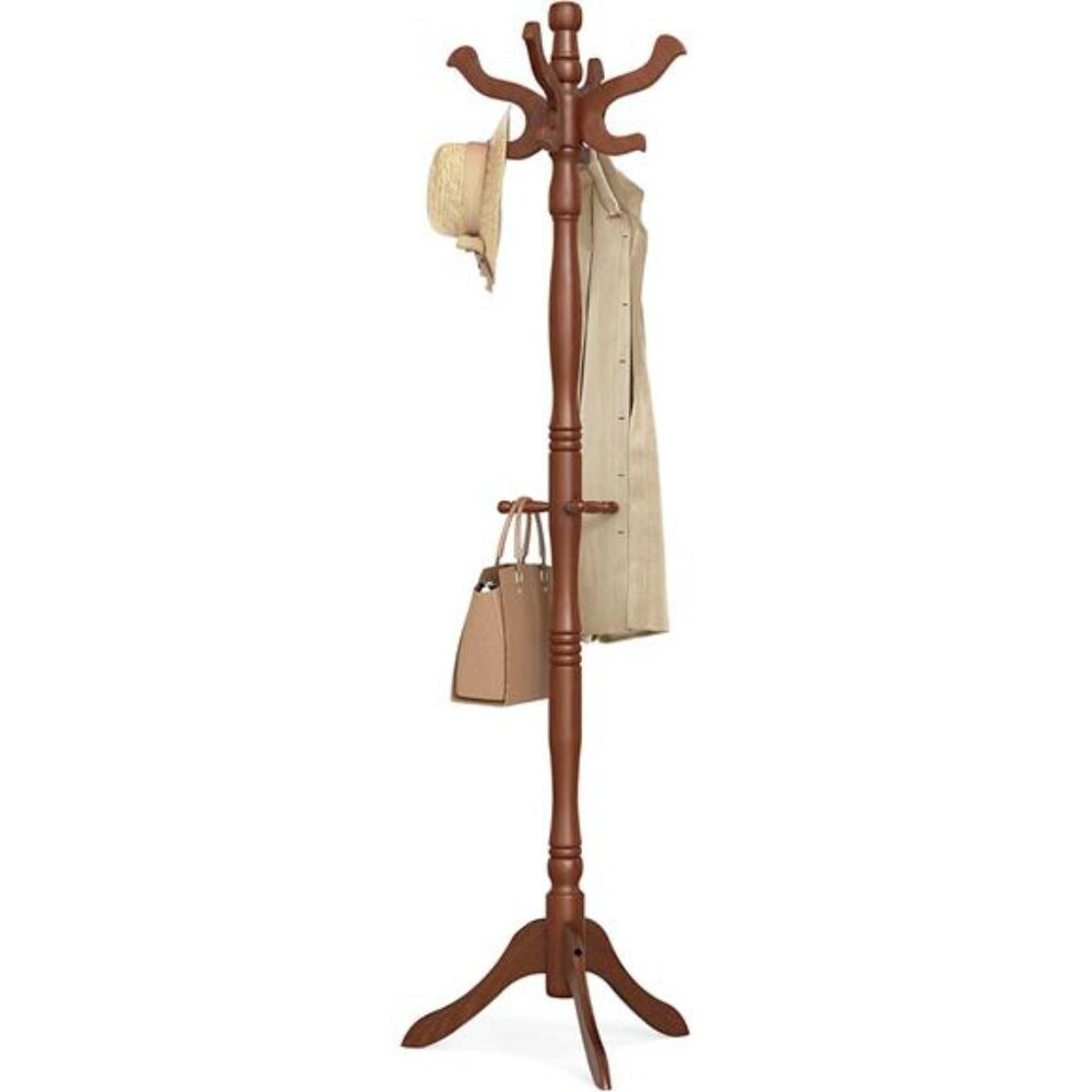 Coat Stand, Solid Wood Freestanding Coat Rack with 11 Hooks, Hall Tree